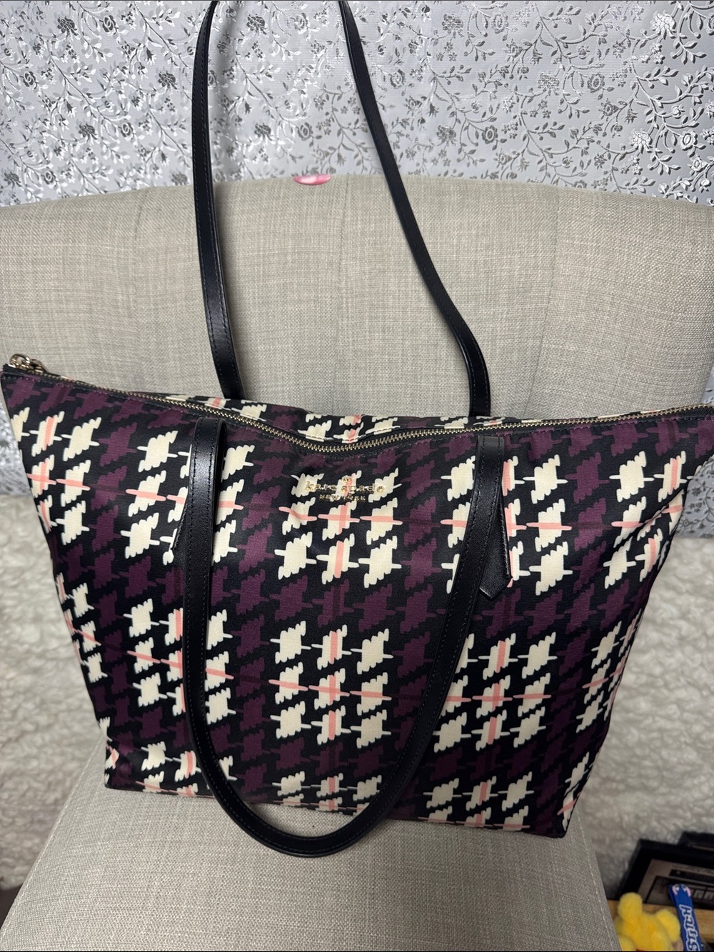 Kate spade ♠️ Purple Houndstooth Tote Bag with Black Straps